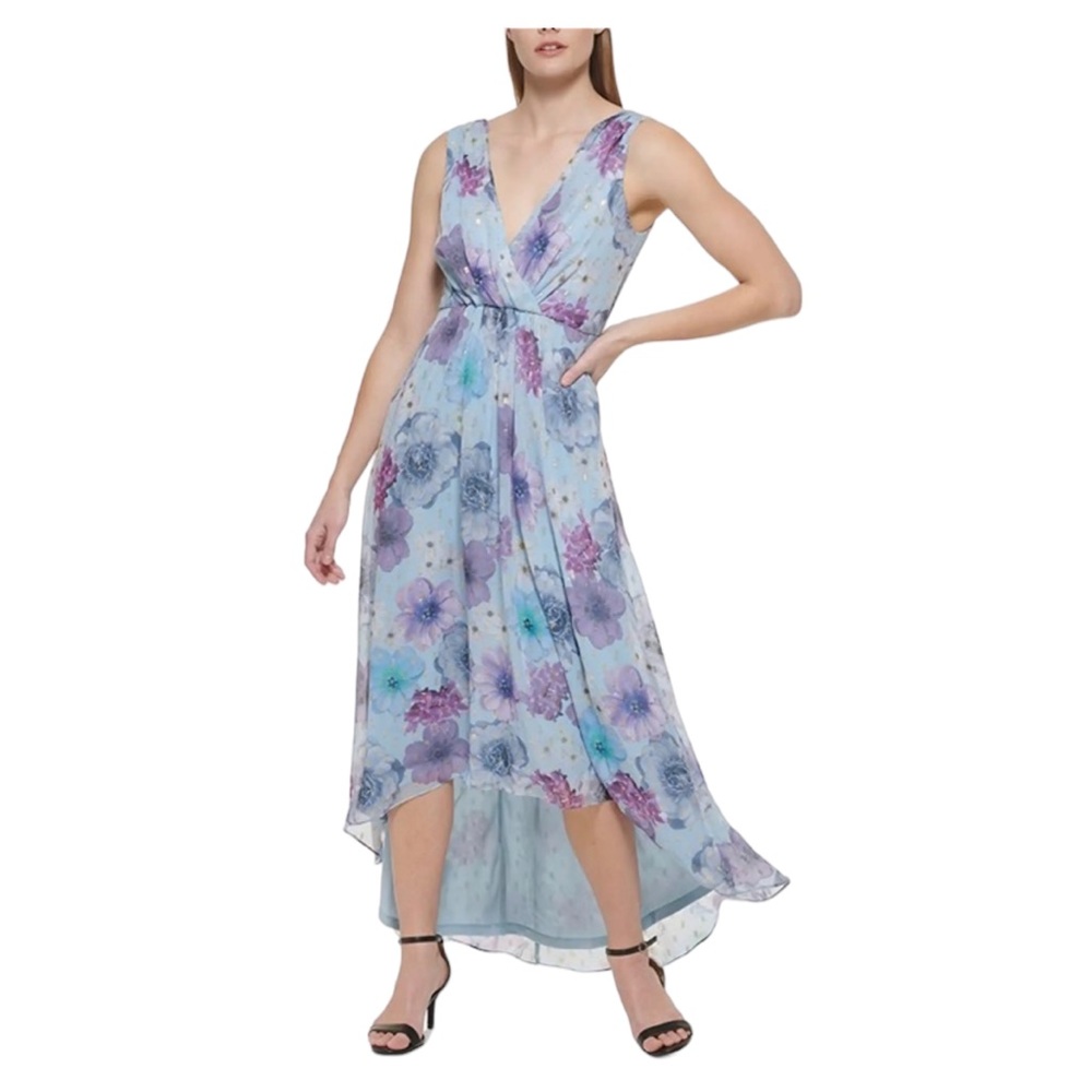 JESSICA HOWARD Petite Floral Printed High-Low Chiffon Gown Sky Blue 12 petite